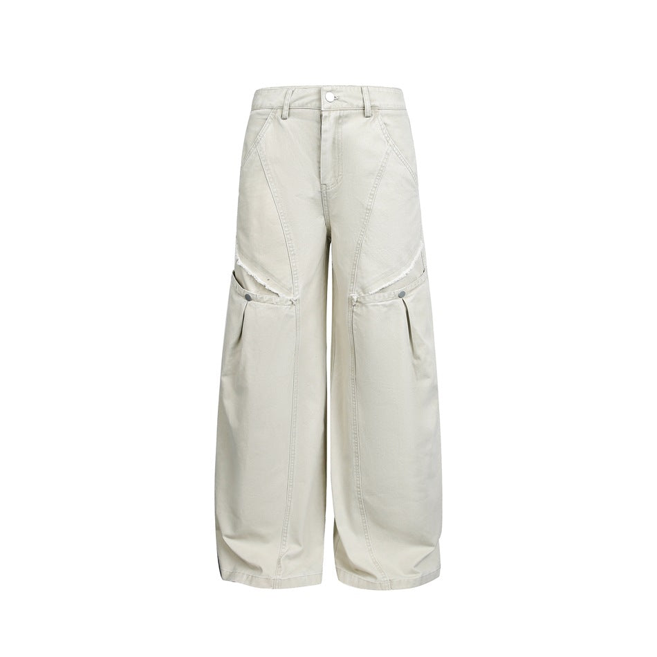 Damen Weite High‑Waist Cargo‑Hose im Vintage‑Workwear‑Look mit Aufgesetzten Taschen und Fransen-Details Nord Taschen
