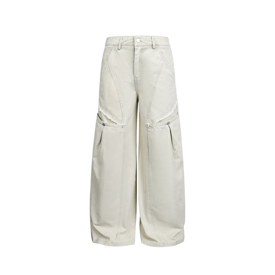 Damen Weite High‑Waist Cargo‑Hose im Vintage‑Workwear‑Look mit Aufgesetzten Taschen und Fransen-Details Nord Taschen