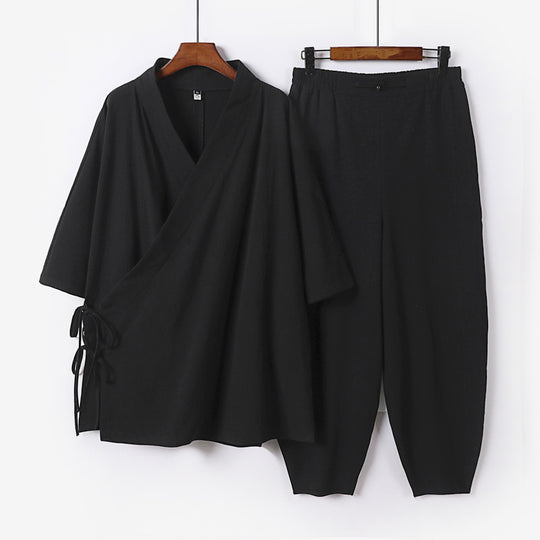 Unisex Leichtes Wickel-Lounge-Set im Kimono-Stil mit seitlichen Bindebändern und elastischer konisch zulaufender Hose Nord Taschen