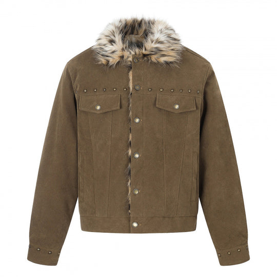 Herren Kurzjacke aus Velourslederimitat mit Kunstfellkragen und Nieten-Details Nord Taschen