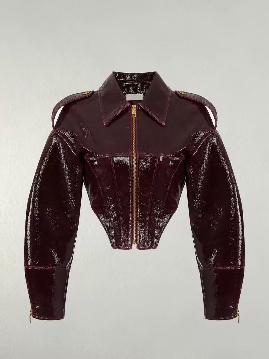 Damen kurz geschnittener Lackoptik-Blouson mit tailliertem Korsett-Schnitt Nord Taschen