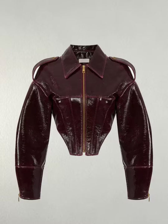 Damen kurz geschnittener Lackoptik-Blouson mit tailliertem Korsett-Schnitt Nord Taschen