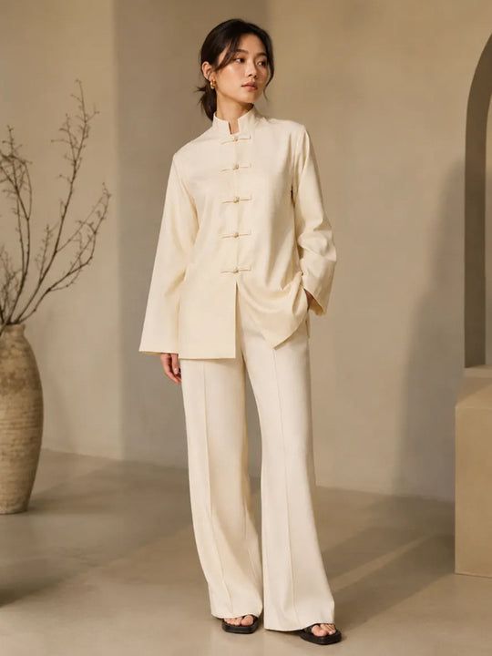 Damen Mandarin-Kragen Tunikajacke mit Knotenverschlüssen und weiter Palazzo-Hose Nord Taschen