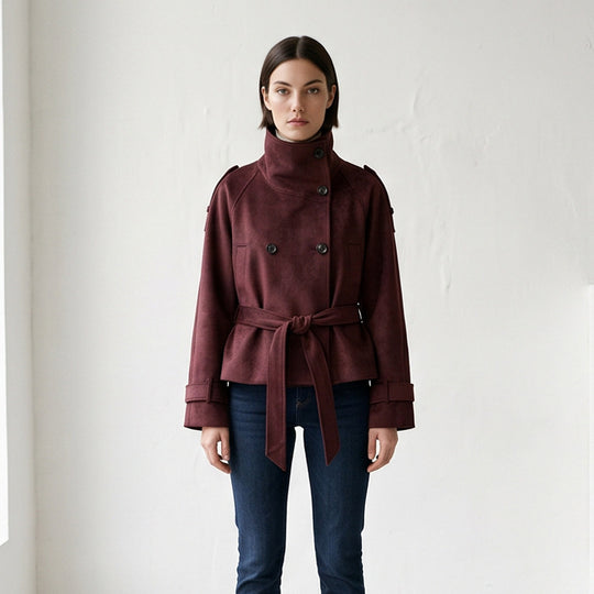 Damen Taillierte Kurzjacke in Wildlederoptik mit Doppelreiher und Stehkragen Nord Taschen