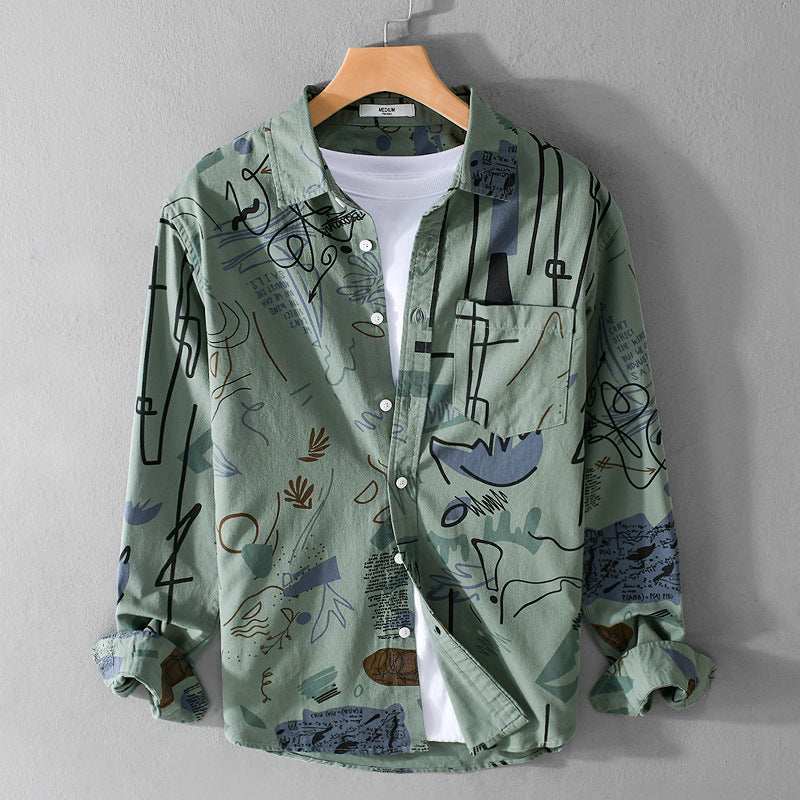 Herren Lockeres Hemdjacken-Overshirt mit abstraktem Skizzenprint, Brusttasche und weichem Baumwollgriff Nord Taschen