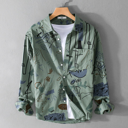 Herren Lockeres Hemdjacken-Overshirt mit abstraktem Skizzenprint, Brusttasche und weichem Baumwollgriff Nord Taschen