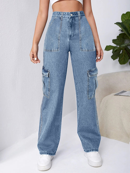 Damen Hochtaillierte Cargo-Weite-Jeans mit aufgesetzten Taschen und elastischem Saum Nord Taschen