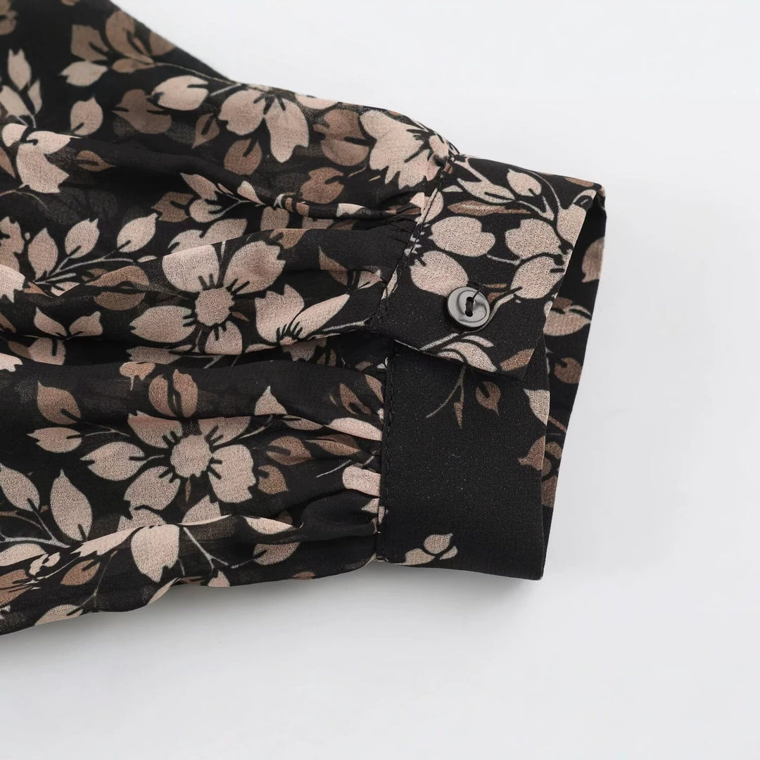 Damen Geblümtes Midikleid mit Faltenoberteil, Stehkragen und Ballonärmeln Nord Taschen