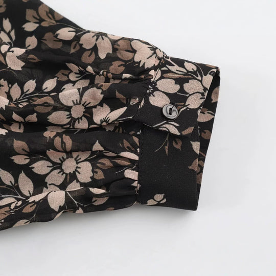 Damen Geblümtes Midikleid mit Faltenoberteil, Stehkragen und Ballonärmeln Nord Taschen