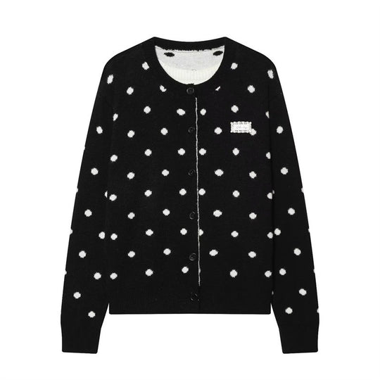 Damen Gepunkteter Strickcardigan mit Rundhals und Knopfleiste Nord Taschen