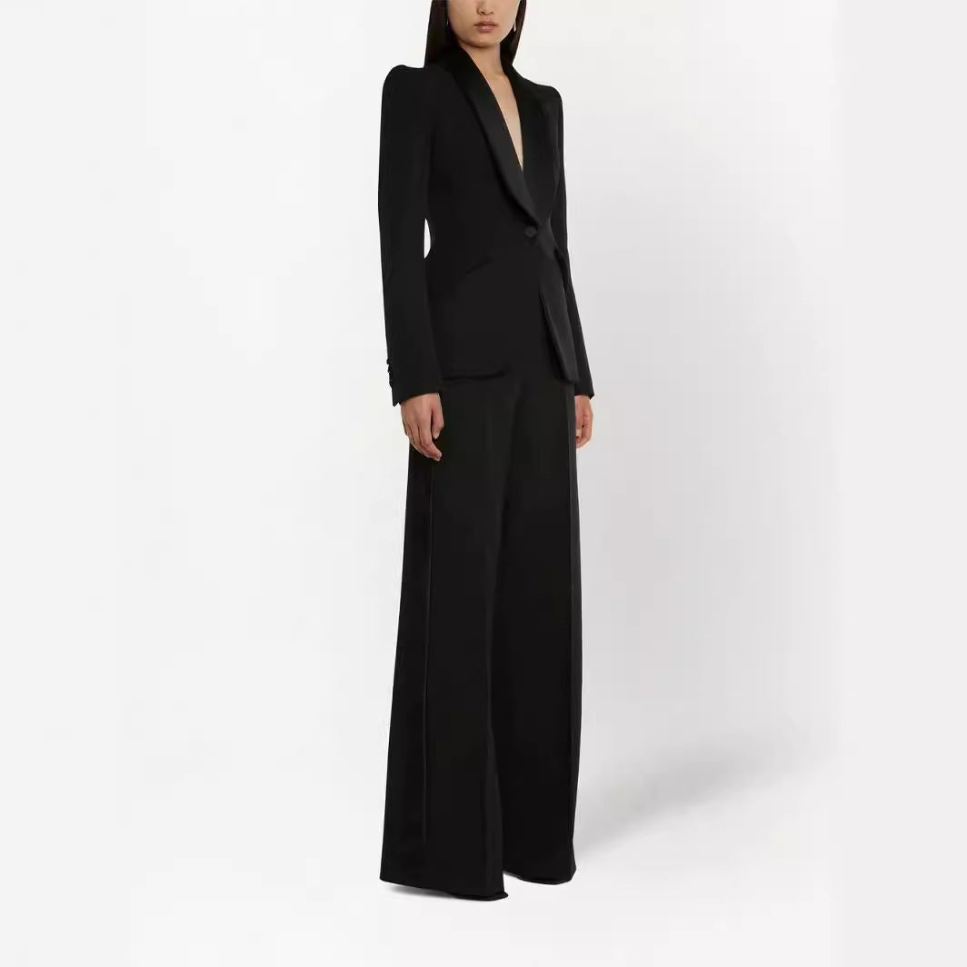 Damen Elegantes Smokingset im Tailoring mit tailliertem Einreihblazer und weiter Palazzohose Nord Taschen
