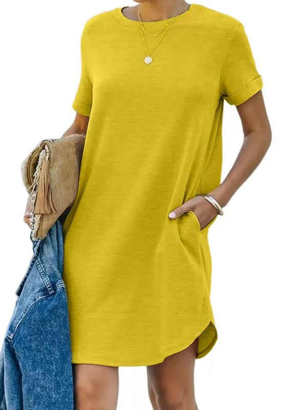Damen lässiges Freizeitkleid mit Taschen und Rundhalsausschnitt