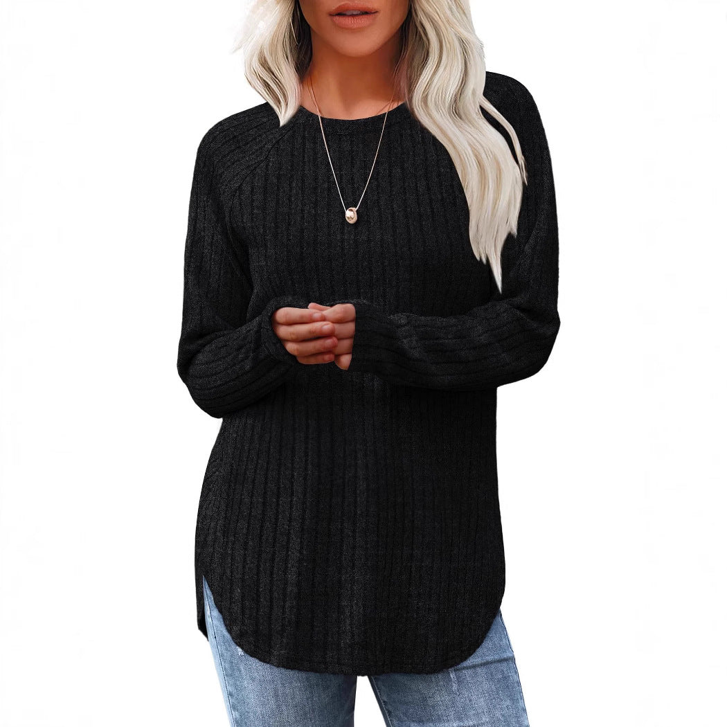 Damen gerippter Strickpullover mit Rundhalsausschnitt Oversize-Passform und Seitenschlitzen Nord Taschen