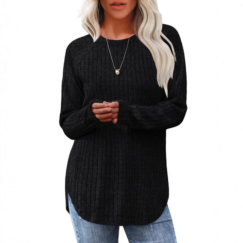 Damen gerippter Strickpullover mit Rundhalsausschnitt Oversize-Passform und Seitenschlitzen Nord Taschen