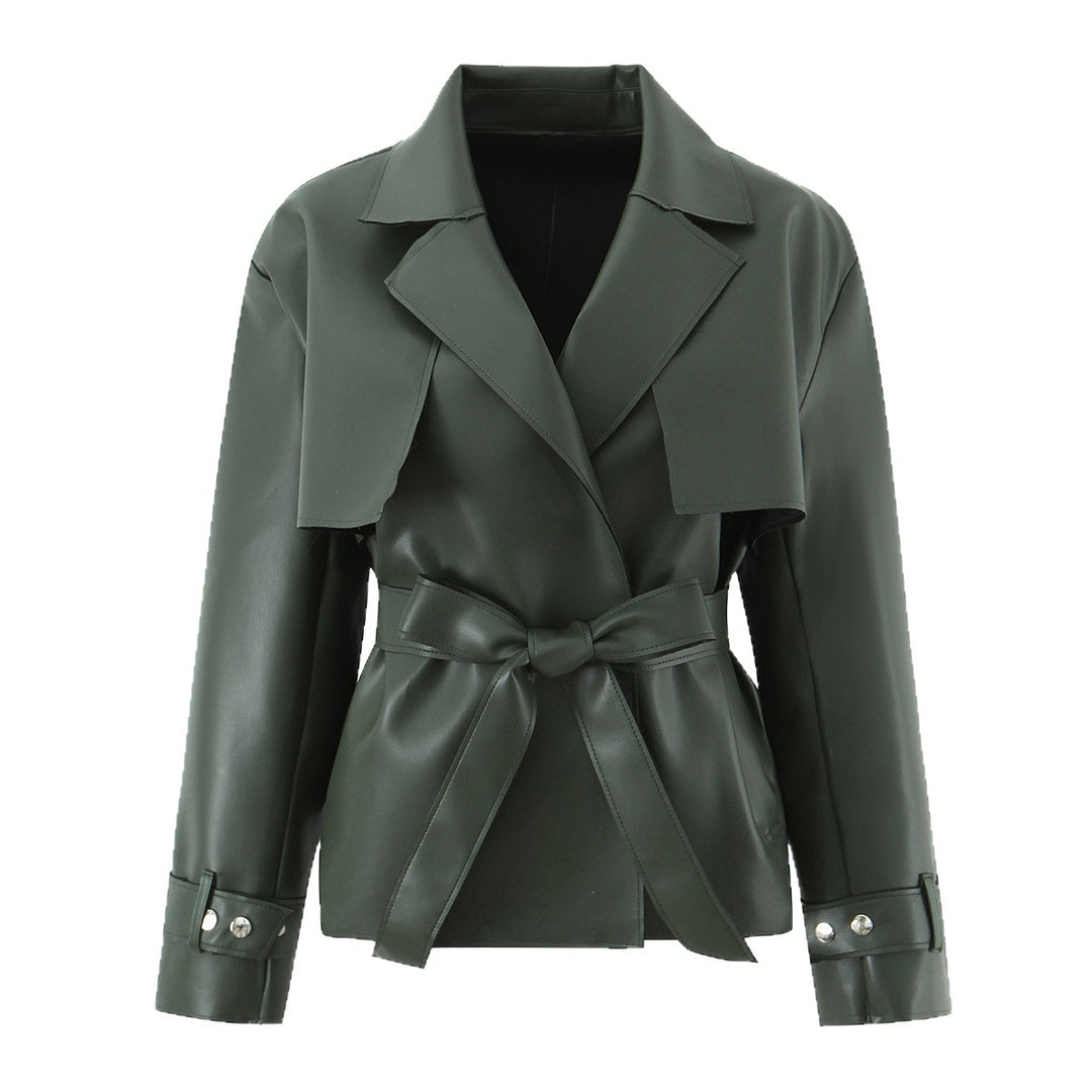 Damen Taillierter Kurzer Trenchcoat aus veganer Lederoptik mit Bindegürtel und Cape-Detail Nord Taschen