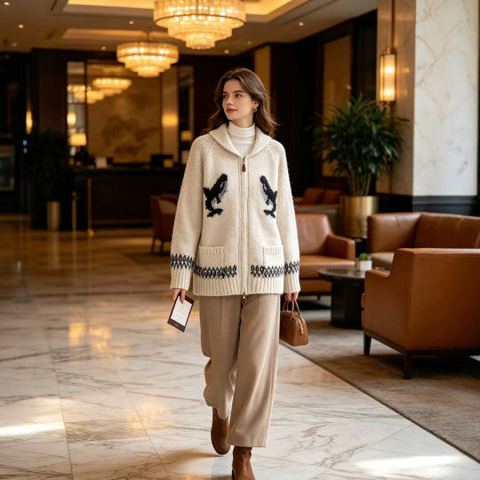 Damen Grobgestrickte Zip-Cardigan mit Schalkragen und Intarsienmotiv Nord Taschen