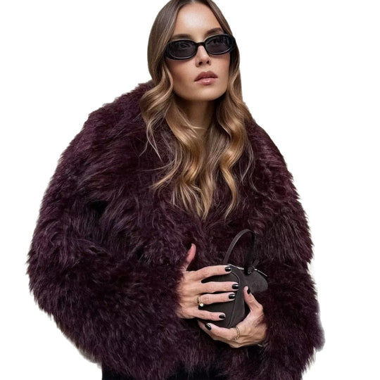Damen Kurze Boxy-Plüschjacke im Shaggy-Look mit fallendem Revers Nord Taschen
