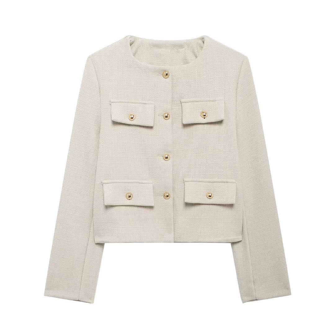 Damen Bouclé-Cropped-Jacke mit vier Pattentaschen und goldenen Schmuckknöpfen Nord Taschen