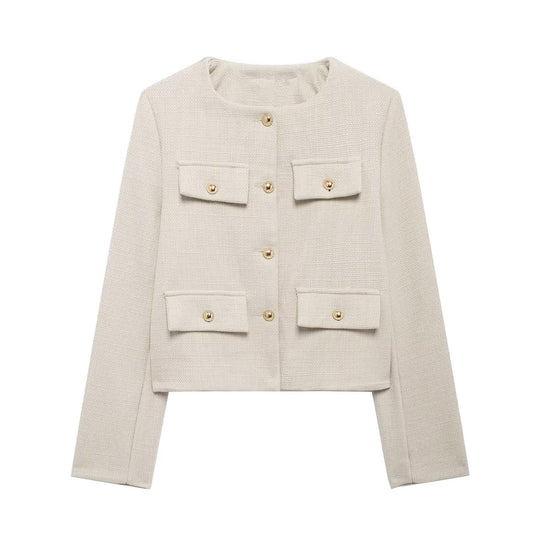 Damen Bouclé-Cropped-Jacke mit vier Pattentaschen und goldenen Schmuckknöpfen Nord Taschen