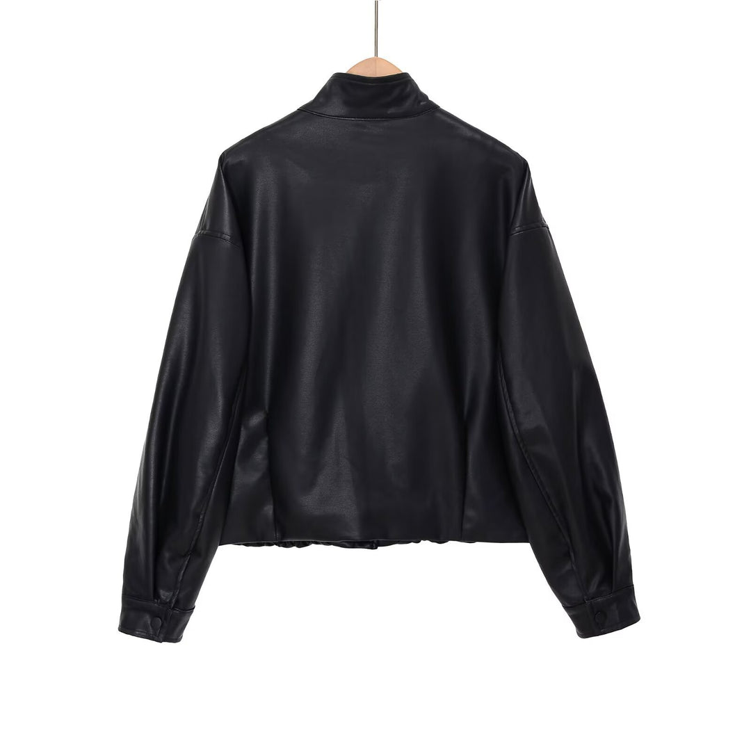 Damen Kurz geschnittener Oversize‑Bomber im Bikerstil aus veganer Lederoptik mit Stehkragen Nord Taschen