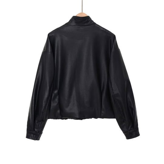 Damen Kurz geschnittener Oversize‑Bomber im Bikerstil aus veganer Lederoptik mit Stehkragen Nord Taschen
