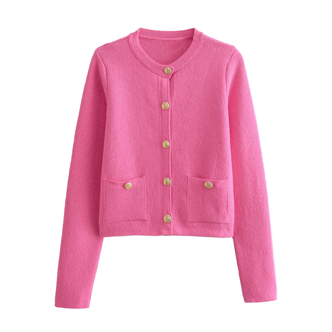 Damen Kurzgeschnittener Bouclé-Cardigan mit Rundhals, Pattentaschen und Münzknöpfen Nord Taschen