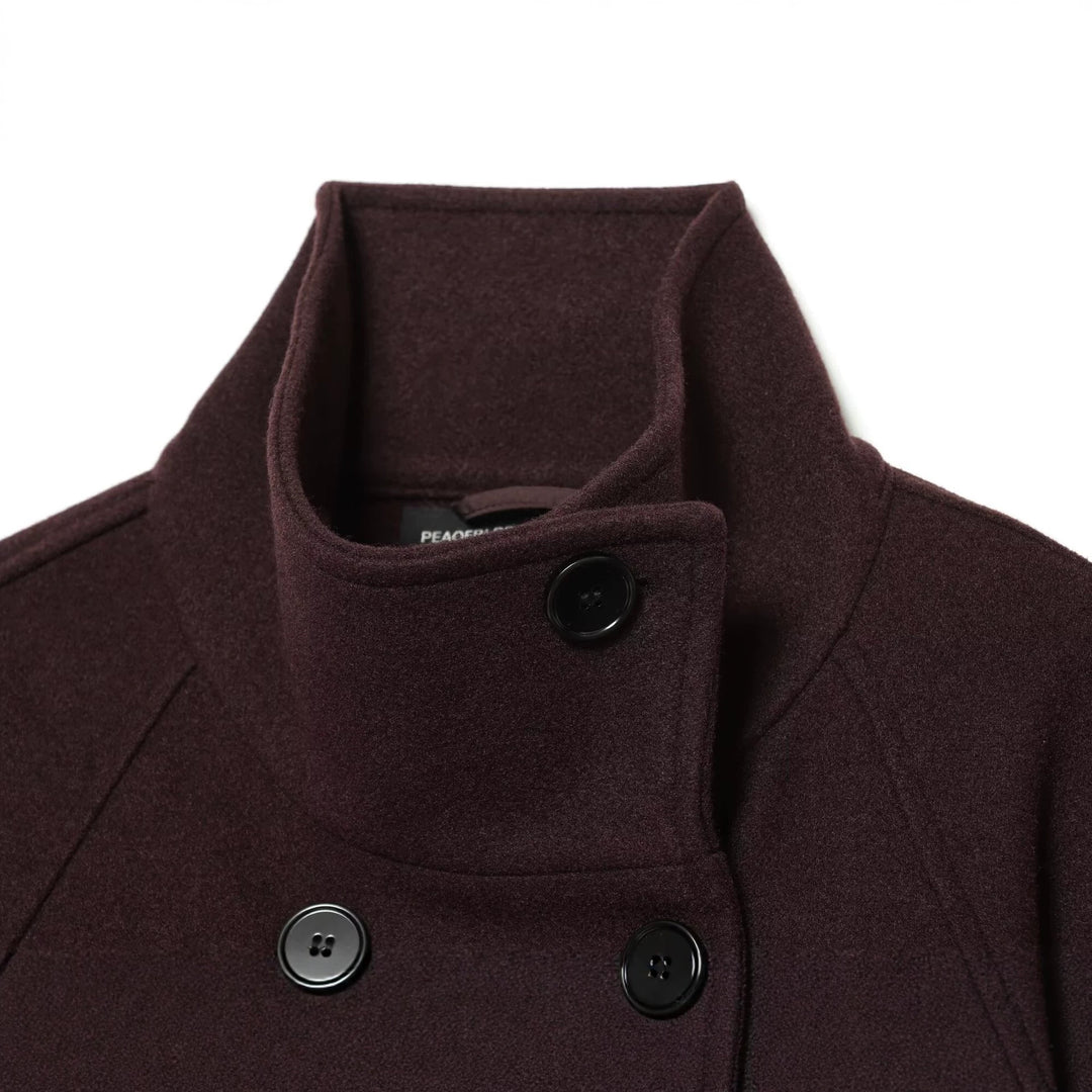 Damen Kurz geschnittener doppeltreihiger Wollcape‑Mantel mit Stehkragen und Gürtel Nord Taschen