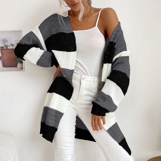 Damen Longline Strickcardigan mit breiten Blockstreifen, offener Front und überschnittener Schulter Nord Taschen