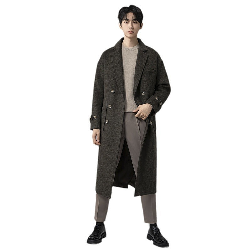 Herren Maxilanger Wollmix-Mantel im Tweed-Look mit Oversize-Schnitt, Doppelreihe und Bindegürtel Nord Taschen
