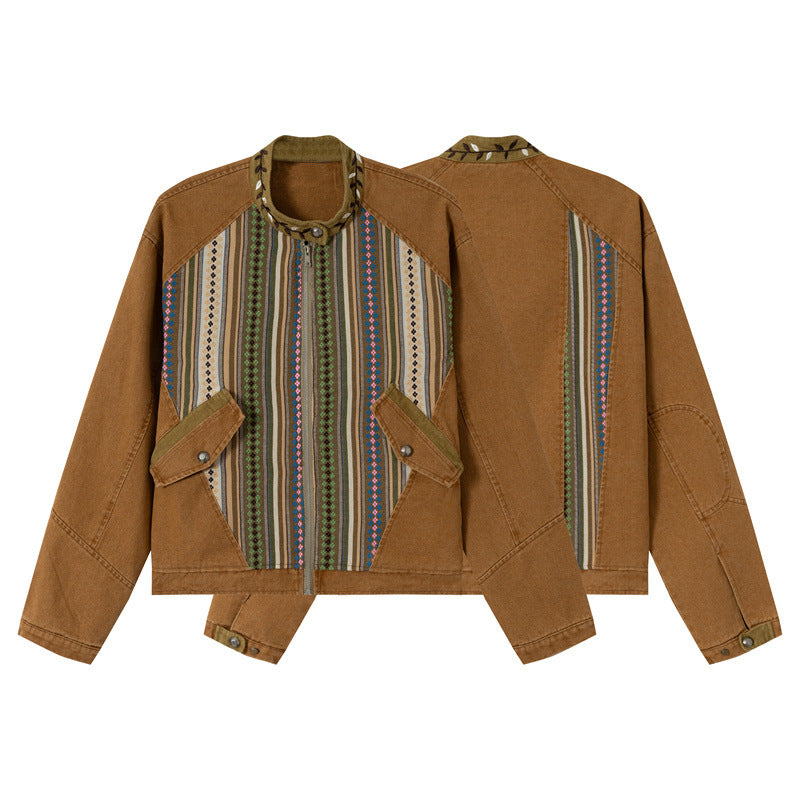 Damen Kurzer Canvas-Blouson mit gewebter Ethno‑Streifenfront und Pattentaschen Nord Taschen