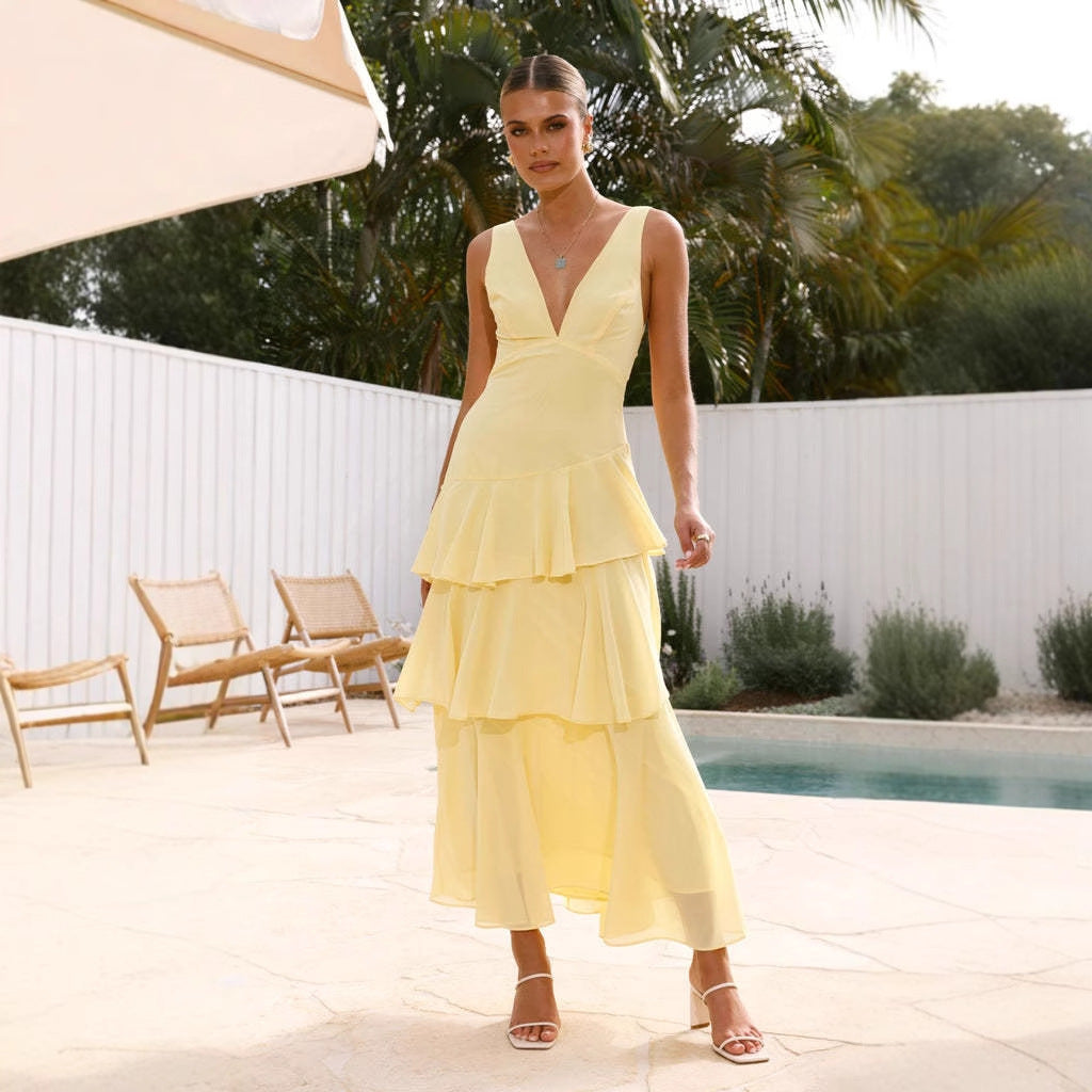 Damen Maxi-Kleid mit eleganten Volants und tiefem V-Ausschnitt