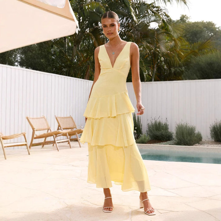Damen Maxi-Kleid mit eleganten Volants und tiefem V-Ausschnitt
