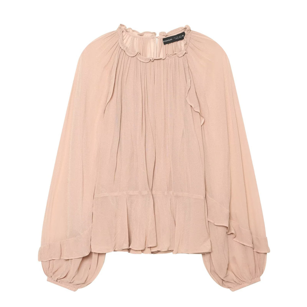Damen Plissierte Chiffon-Bluse mit Rüschkragen und Ballonärmeln Nord Taschen
