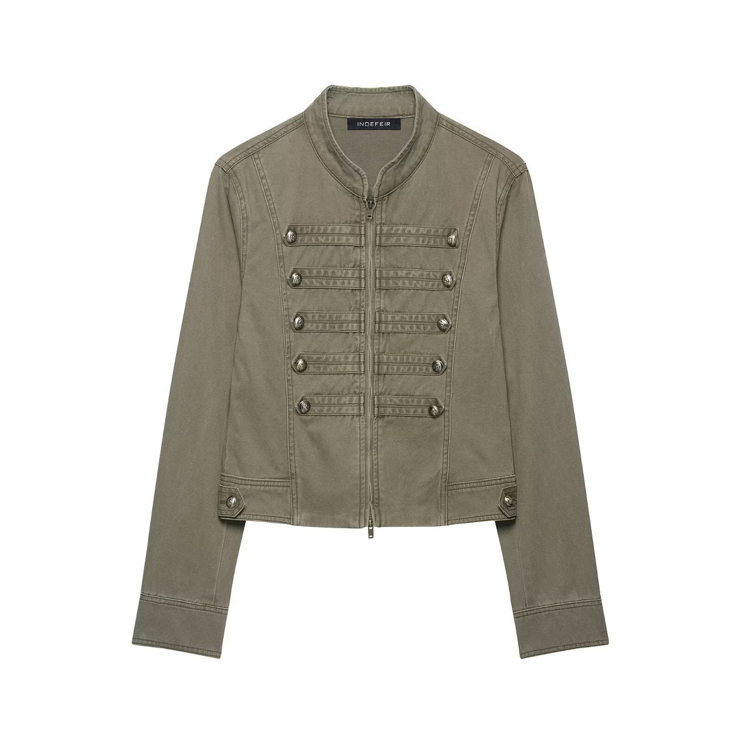 Damen Military-inspirierte Kurzjacke mit Stehkragen, Zierpatten und Reißverschluss Nord Taschen