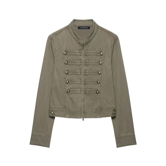 Damen Military-inspirierte Kurzjacke mit Stehkragen, Zierpatten und Reißverschluss Nord Taschen