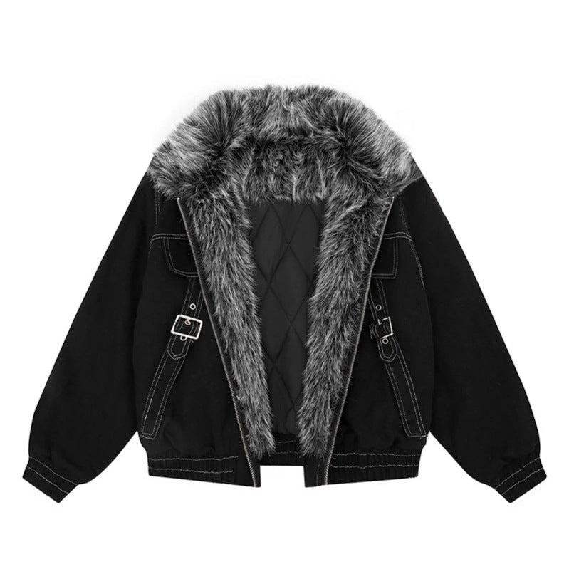 Damen wattierte Bomberjacke mit Kunstfellkragen, Kontrastnähten und Schnallen-Details Nord Taschen