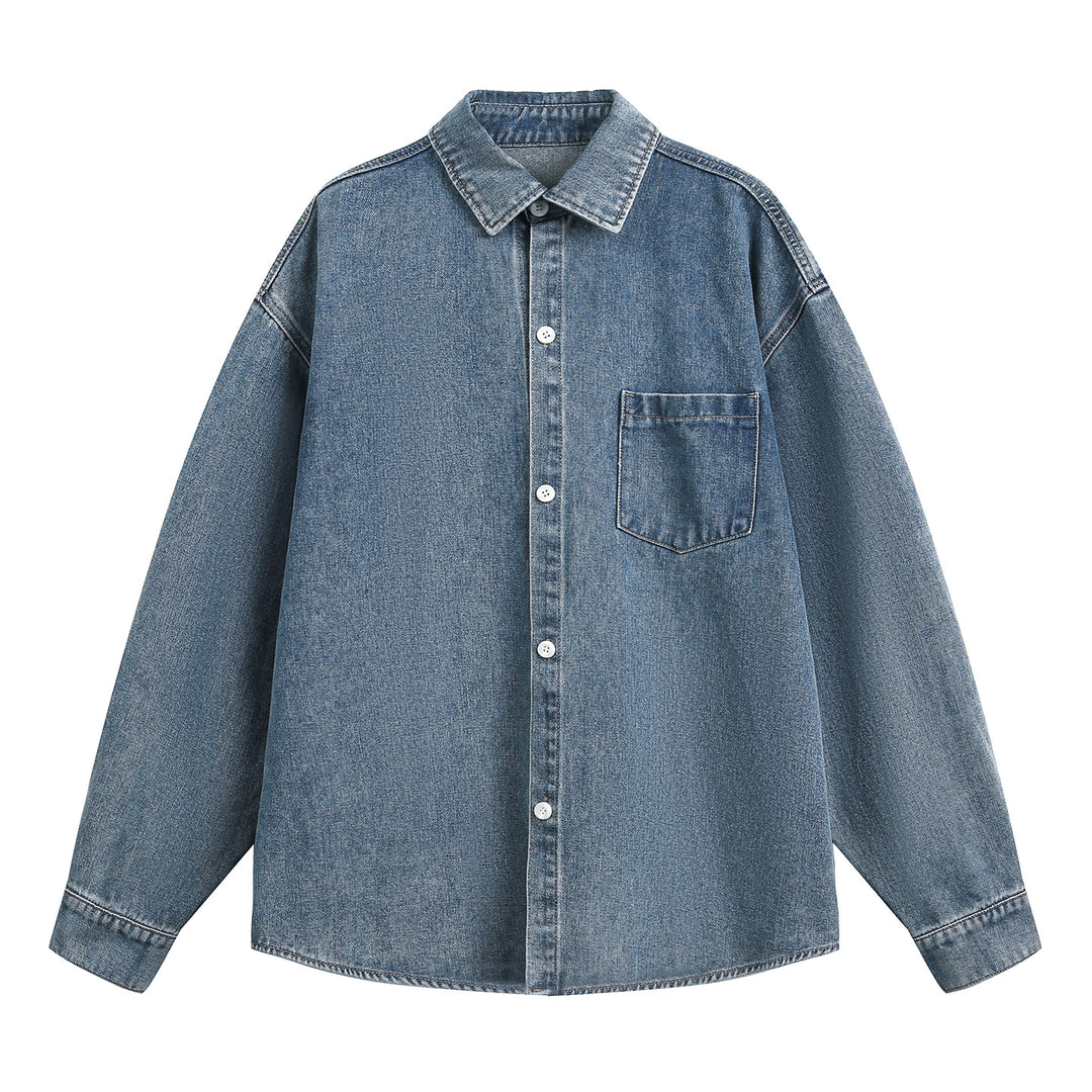 Unisex Weit geschnittene Jeanshemdjacke aus Denim mit Kontrastnähten und aufgesetzter Brusttasche Nord Taschen