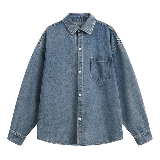 Unisex Weit geschnittene Jeanshemdjacke aus Denim mit Kontrastnähten und aufgesetzter Brusttasche Nord Taschen
