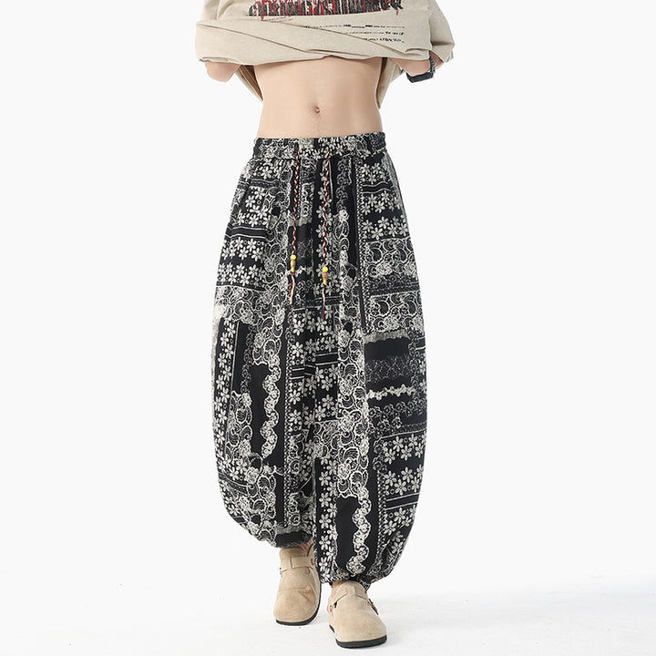 Damen lässige Pluderhose im Ethno-Print mit elastischem Bund, Kordelzug und gesmokten Bündchen Nord Taschen
