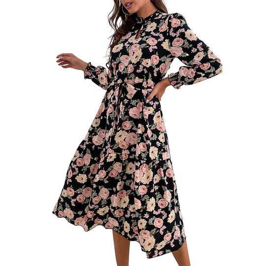 Damen Blumenkleid mit Rüschen und langen Ärmeln Nord Taschen