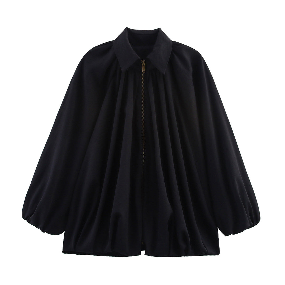 Damen Weite plissierte Cape-Bluse mit Stehkragen und verdecktem Reißverschluss Nord Taschen
