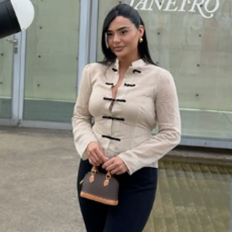 Damen Chinesisch-inspirierte Cordjacke mit Stehkragen, Froschverschlüssen & Taillengürtel Nord Taschen