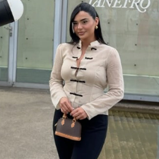 Damen Chinesisch-inspirierte Cordjacke mit Stehkragen, Froschverschlüssen & Taillengürtel Nord Taschen
