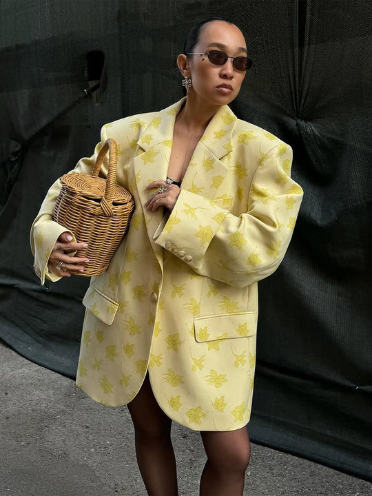 Damen Oversize-Blazer im Blazerkleid-Stil mit floralem Jacquard und betonter Schulter Nord Taschen