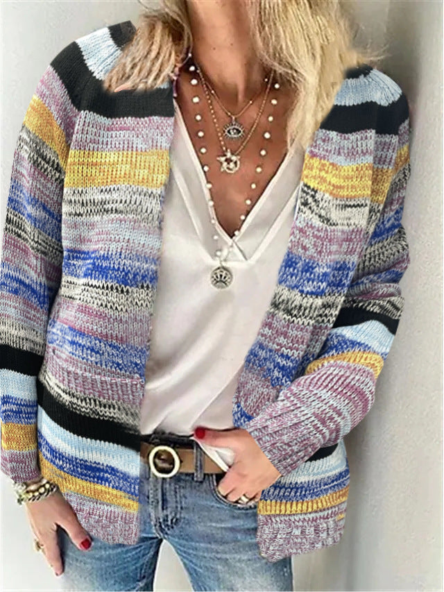 Damen Mehrfarbiger Strickcardigan mit offener Front, legerem Oversize-Schnitt und feinem Rippbündchen Nord Taschen