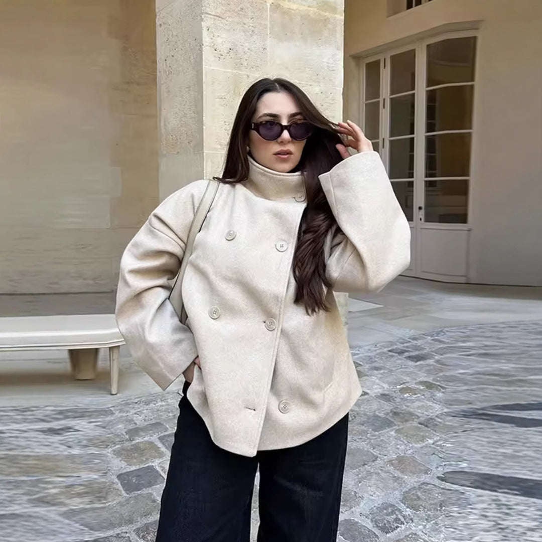 Damen 200+ boxy Wollmix Kurzjacke mit Stehkragen und verdeckter Doppelknopfleiste Nord Taschen