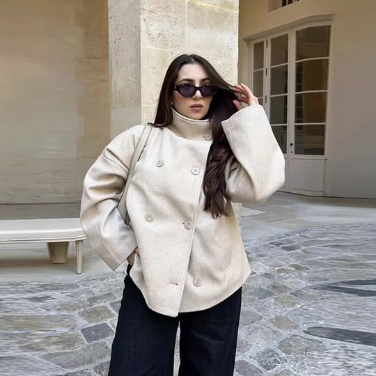 Damen 200+ boxy Wollmix Kurzjacke mit Stehkragen und verdeckter Doppelknopfleiste Nord Taschen
