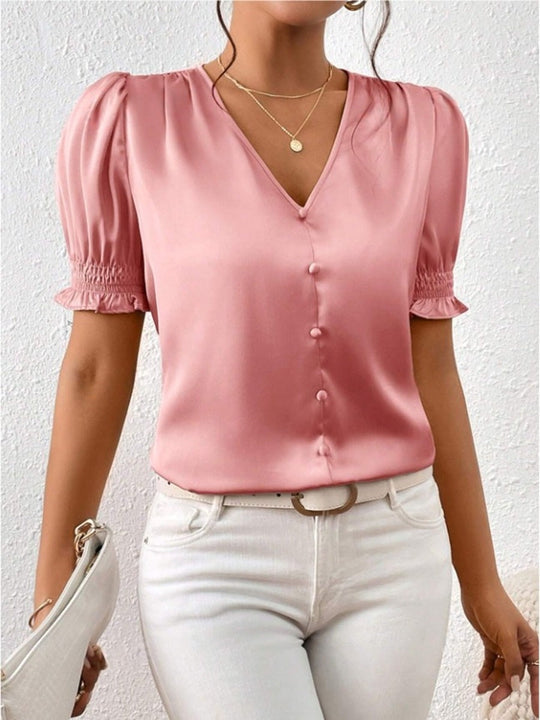 Damen Satinbluse mit Puffärmeln und eleganter Knopfleiste