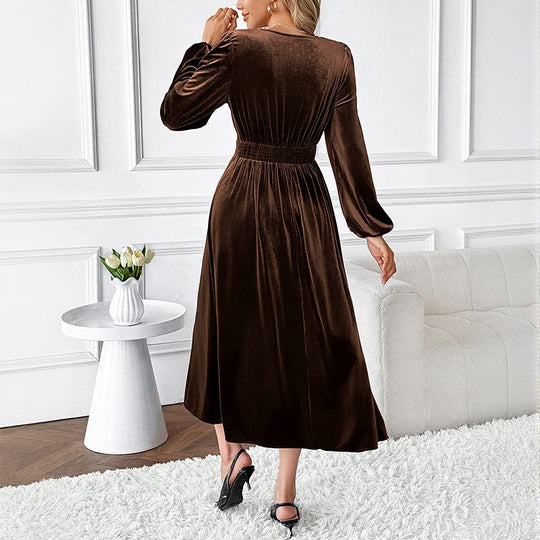 Damen Elegantes Samtkleid mit V‑Ausschnitt, Spitzenbesatz und taillierter Midilänge Nord Taschen