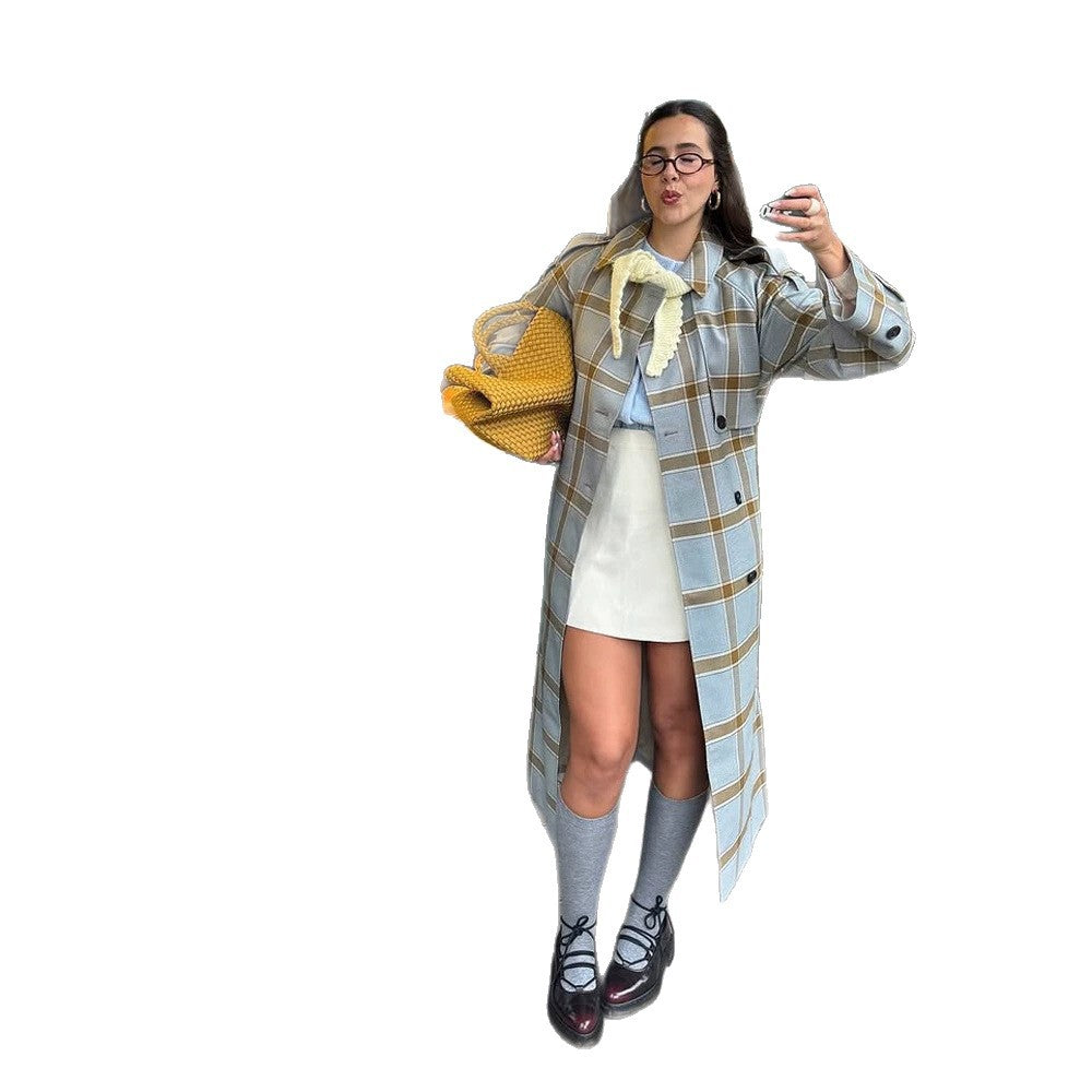 Damen langer kariierter Mantel im Trenchcoat-Stil mit doppelter Knopfleiste Nord Taschen